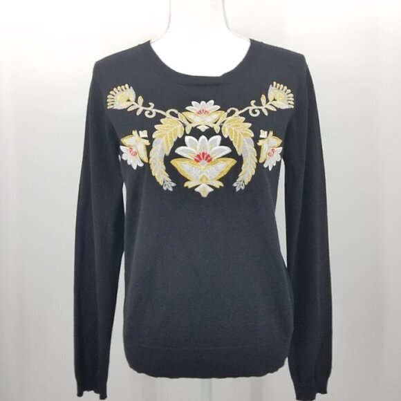 Philosophy Crewneck Black Gold Embroidered Floral Pattern Sweater - Picture 1 of 7